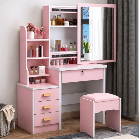 Toaletka Kosmetyczna z Lustrem Szuflady Półki Taboret Różowa 130x80x36 cm