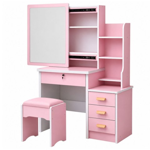 Toaletka Kosmetyczna z Lustrem Szuflady Półki Taboret Różowa 130x80x36 cm