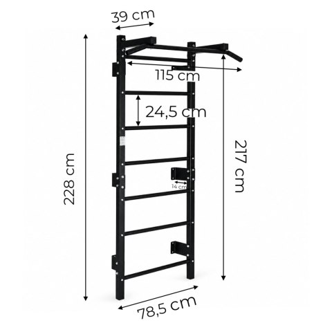 Drabinka gimnastyczna 228 cm drążek do podciągania ćwiczeń dla dzieci i dorosłych czarna MOVEPRO
