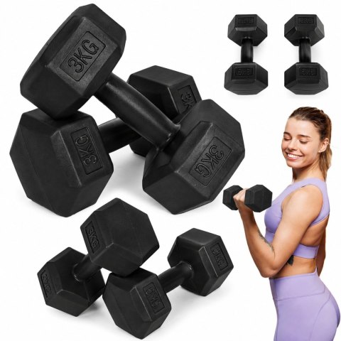 Hantle sześciokątne zestaw 2x3 kg ciężarki do ćwiczeń obciążniki fitness czarne MOVEPRO
