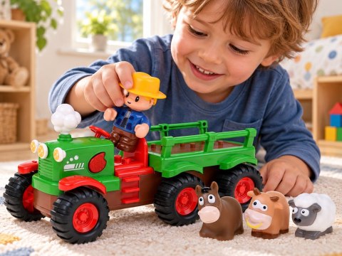 Interaktywny Traktor z Przyczepą Zwierzętami Światło Dźwięk Rolnik ZA6309