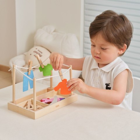 VIGA Drewniany Zestaw do Prania Suszarka Ubranka Klamerki Montessori 27 el