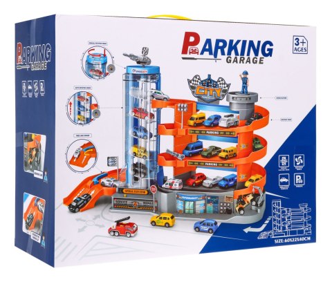Mega 3-poziomowy parking z windą + 6 autek resoraków Zestaw dla dzieci 3+ Mega 3-poziomowy parking z windą + 6 autek resoraków Zestaw dla dzieci 3+
