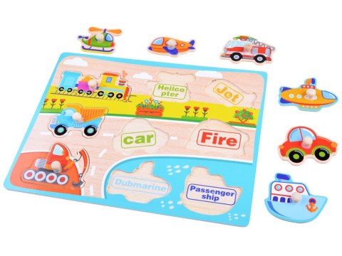 Puzzle dla dzieci bajkowe bajki  drewniane pojazdy 9ele układanka ZA3598