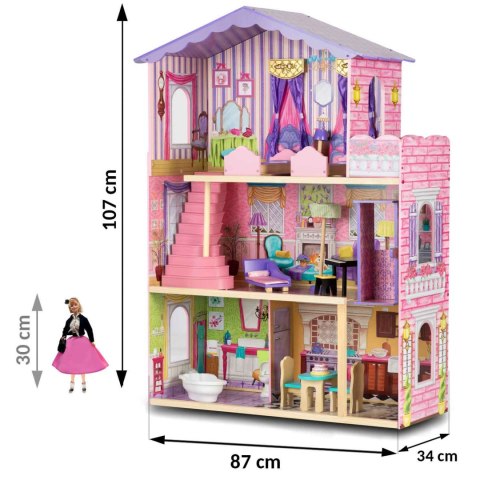 Drewniany domek dla lalek duży 3-piętrowy + meble + winda