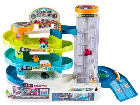 Interaktywny Tor Przeszkód, Zjazd Samochodowy, Parking, Garaż z Windą + Pojazdy + Kierownica