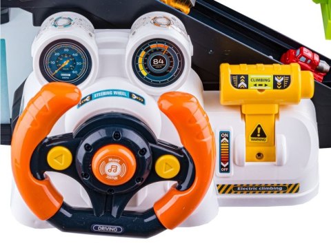 Interaktywny Tor Przeszkód, Zjazd Samochodowy, Parking, Garaż z Windą + Pojazdy + Kierownica