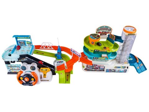 Interaktywny Tor Przeszkód, Zjazd Samochodowy, Parking, Garaż z Windą + Pojazdy + Kierownica