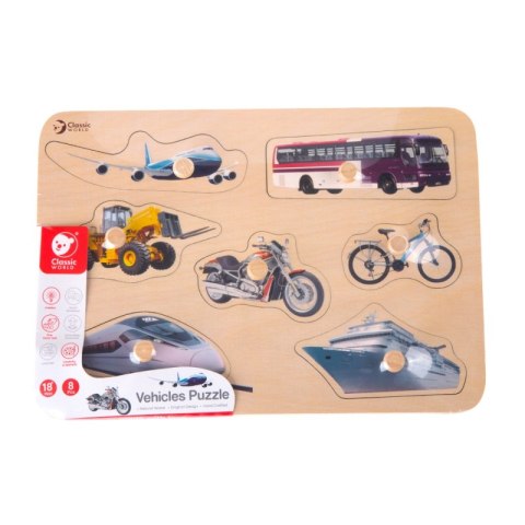 CLASSIC WORLD Drewniana Układanka dla Dzieci Pojazdy Transport Dopasuj Kształty 9 el.