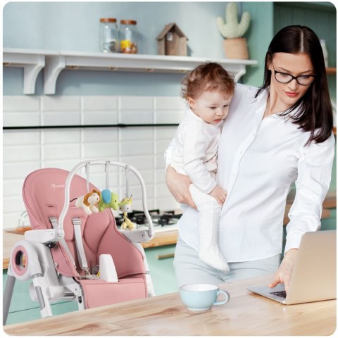 Krzesełko do karmienia ze stolikiem Nukido Belo różowe + pałąk z  