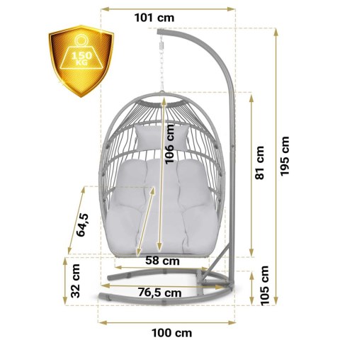 Fotel ogrodowy wiszący Luisiana szary + szare poduszki Sofotel