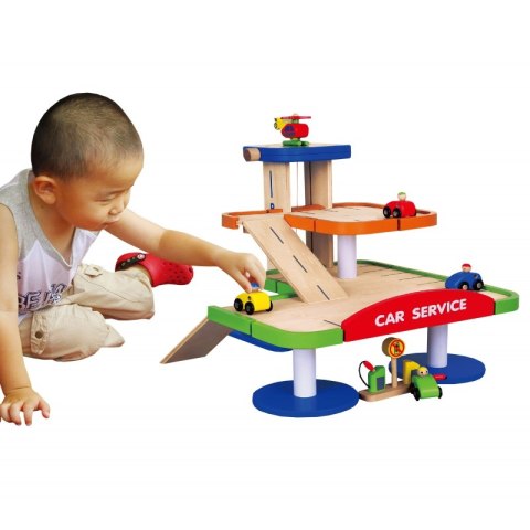 Duży Drewniany Dwupoziomowy garaż z akcesoriami Car Service Viga Toys