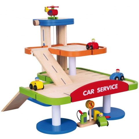 Duży Drewniany Dwupoziomowy garaż z akcesoriami Car Service Viga Toys