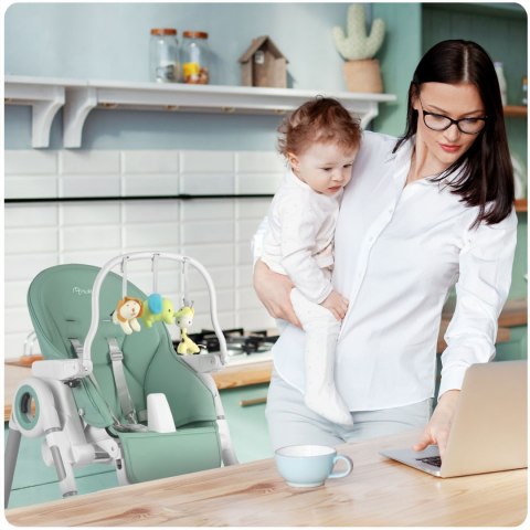 Krzesełko do karmienia ze stolikiem, leżaczek Belo zielone + pałąk z  