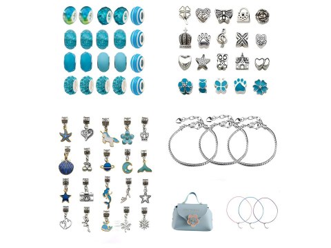 Zestaw Do Tworzenia Robienia Biżuterii, Bransoletek, Charmsy, Zawieszki, Koraliki 66el. ODCIENIE NIEBIESKIEGO + Kosmetyczka