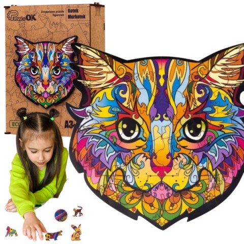 Puzzle drewniane układanka kot kotek kolorowy