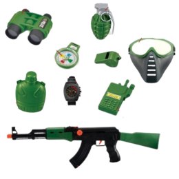  zestaw wojskowy karabin pistolet maska granat kompas krótkofalówka