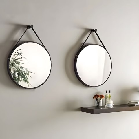 Lustro ścienne 60 cm wiszące na pasku nowoczesne czarna rama