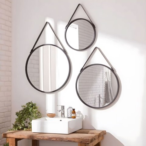 Lustro ścienne 60 cm wiszące na pasku nowoczesne czarna rama