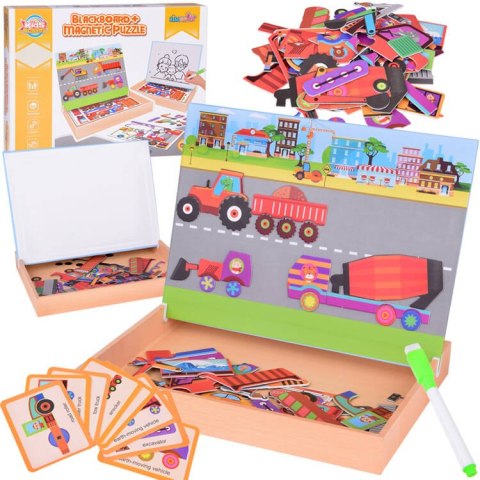 Tablica Magnetyczna 2w1 z Puzzle Magnetyczne Pojazdy Budowlane