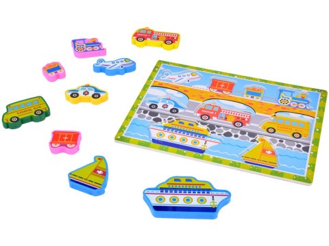 Drewniana układanka puzzle transport pojazdy 9ele dopasuj kształty