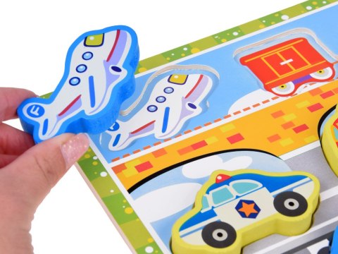 Drewniana układanka puzzle transport pojazdy 9ele dopasuj kształty