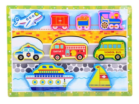 Drewniana układanka puzzle transport pojazdy 9ele dopasuj kształty