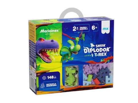 Marioinex Diplodok i T-Rex klocki Mini waffle 148ele + figurka