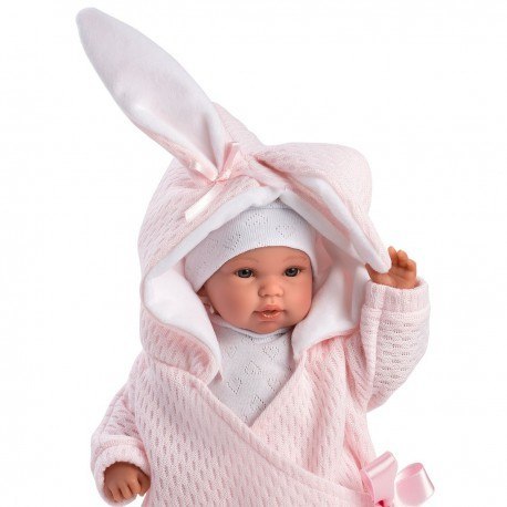 Hiszpańska lalka bobas dziewczynka 36cm króliczek - płacząca