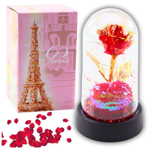 Wieczna Róża Kryształowa w Kopule z Oświetleniem LED z Serduszkiem 14x8cm